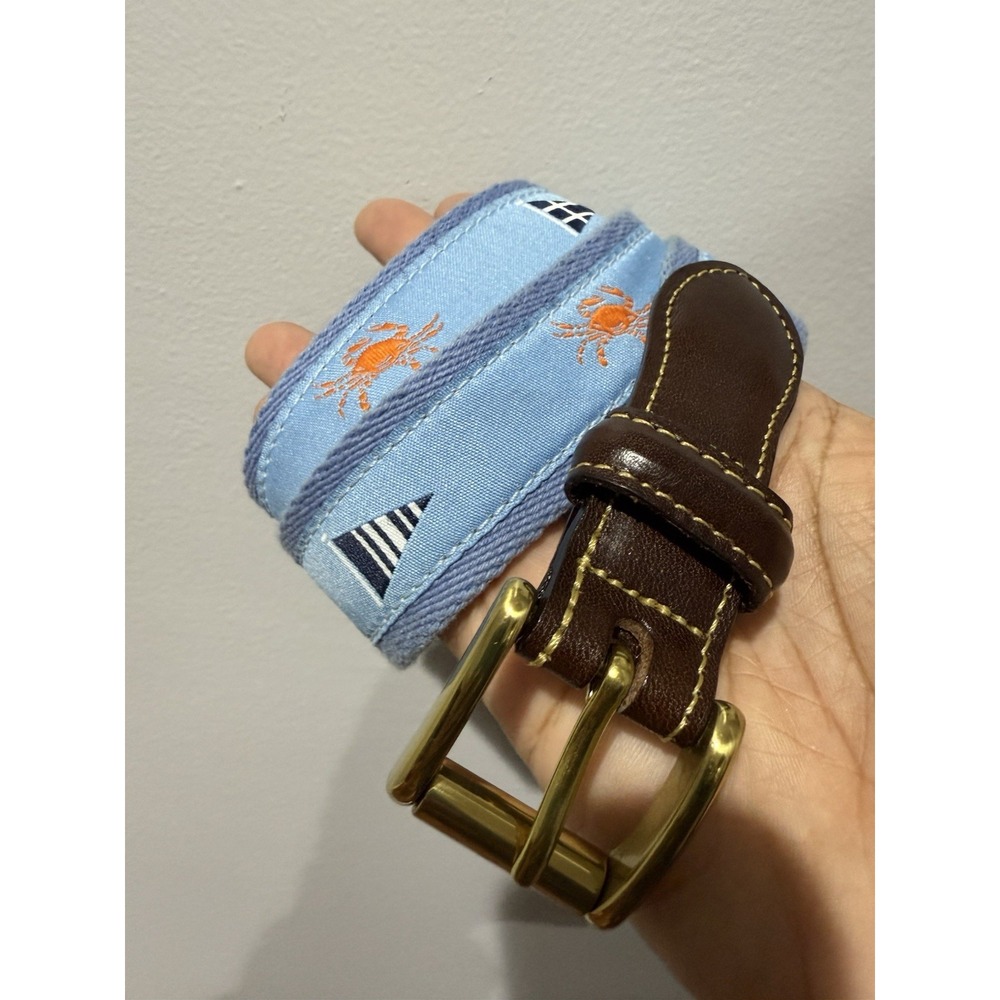 Mens Canvas Leather Belt Sail Boats Flag Lobster Crab Navy Blue Size 34 37"